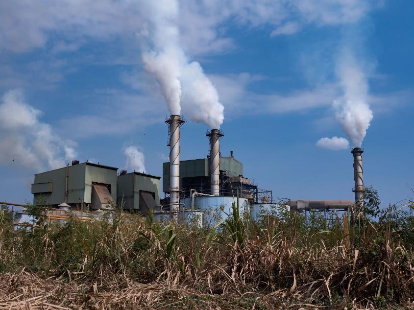 Vue aérienne d'une usine de canne à sucre avec des montagnes de canne à sucre prêtes pour le traitement industriel