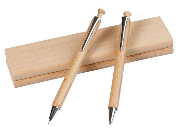 [MEM005] Schrijfset in natuurlijk beukenhout met potlood en balpen