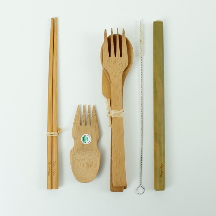 [BAM006] Bamboo travel cutlery set Eat&amp;Drink with organic cotton net