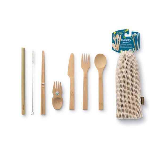 [BAM006] Bamboo travel cutlery set Eat&amp;Drink with organic cotton net