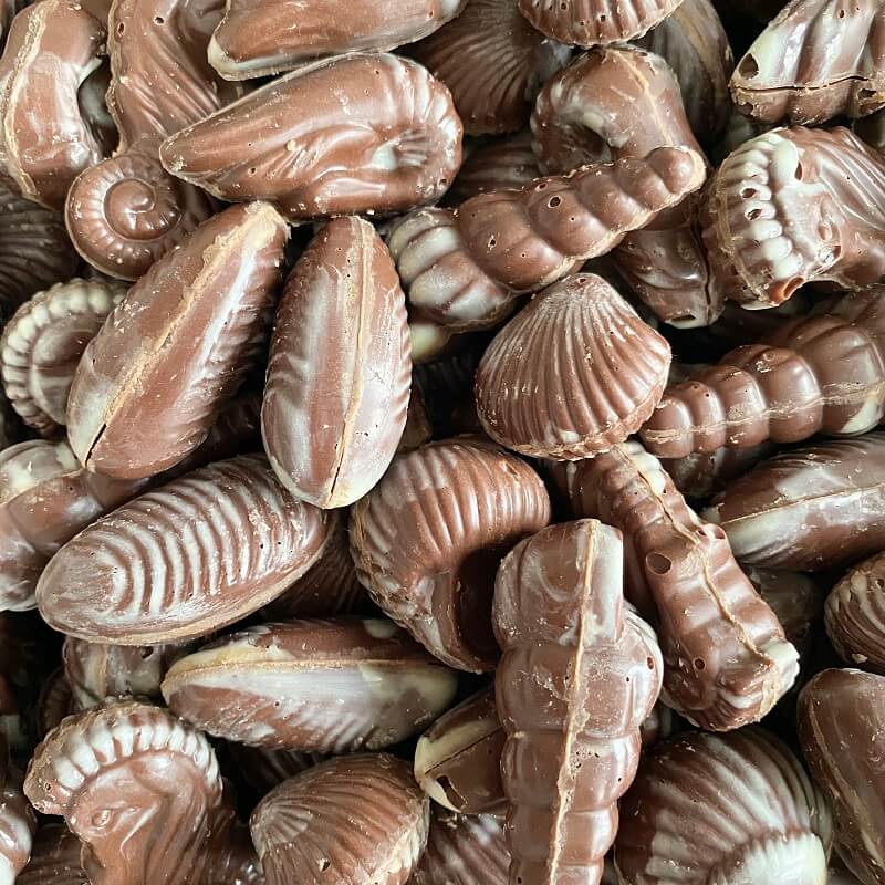 Fruits de mer chocolat fourré noisettes 34% 150g, environ 14 pièces (sac complet: 900g) - VRAC